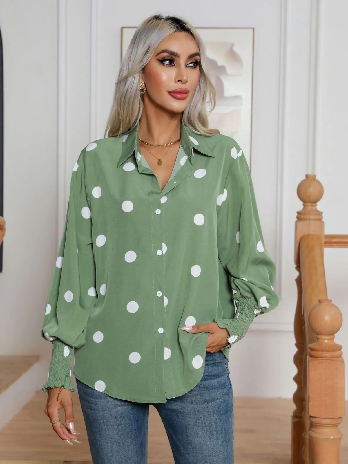 Dotty Days Polka Dot Button-Up Blouse  Castello Clothing Line   